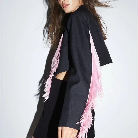 Nasty Gal Premium Tassel Trim Blazer Black with Pink Fringe Size 0 - Picture 3 of 9